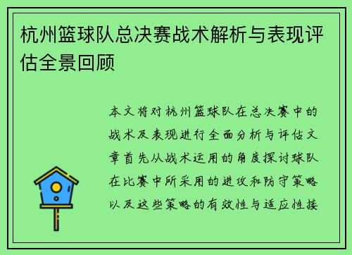 杭州篮球队总决赛战术解析与表现评估全景回顾