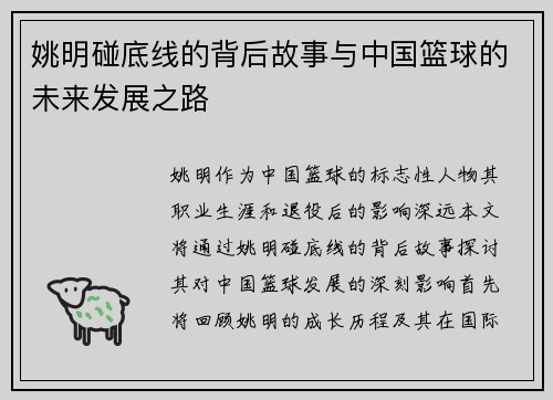 姚明碰底线的背后故事与中国篮球的未来发展之路
