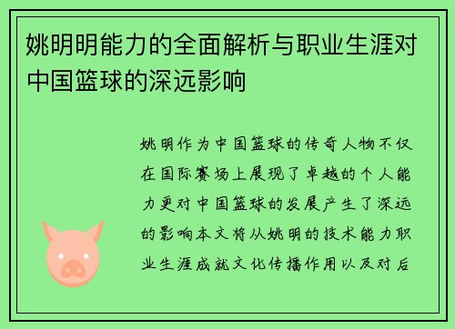 姚明明能力的全面解析与职业生涯对中国篮球的深远影响