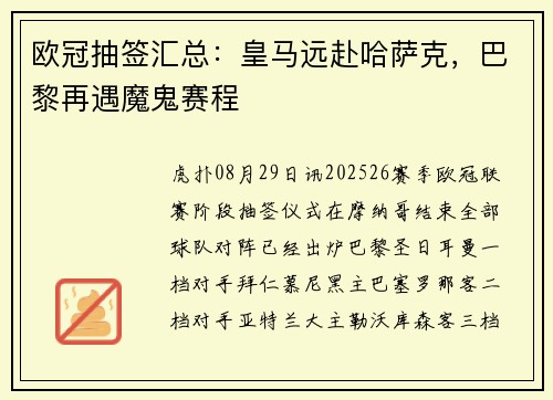 欧冠抽签汇总：皇马远赴哈萨克，巴黎再遇魔鬼赛程